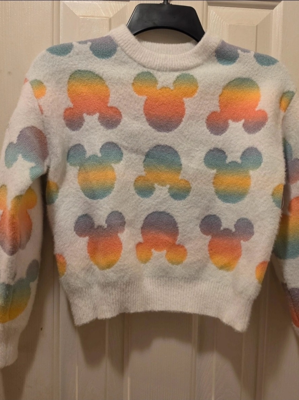 Disney White Crewneck Sweater with Rainbow Gradient Mickey Heads